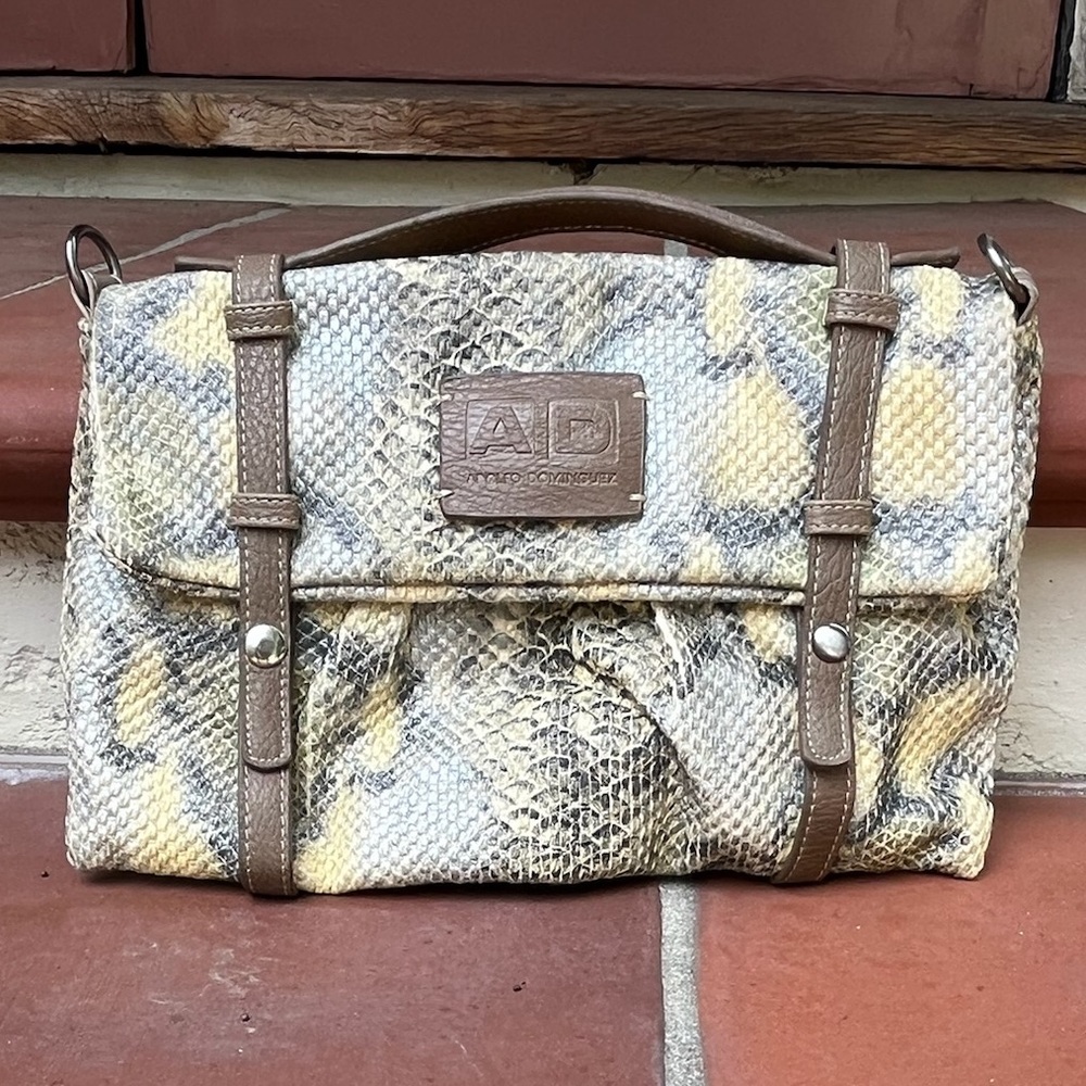 Adolfo Dominguez Snake-Print Clutch in Yellow, Gray, Brown